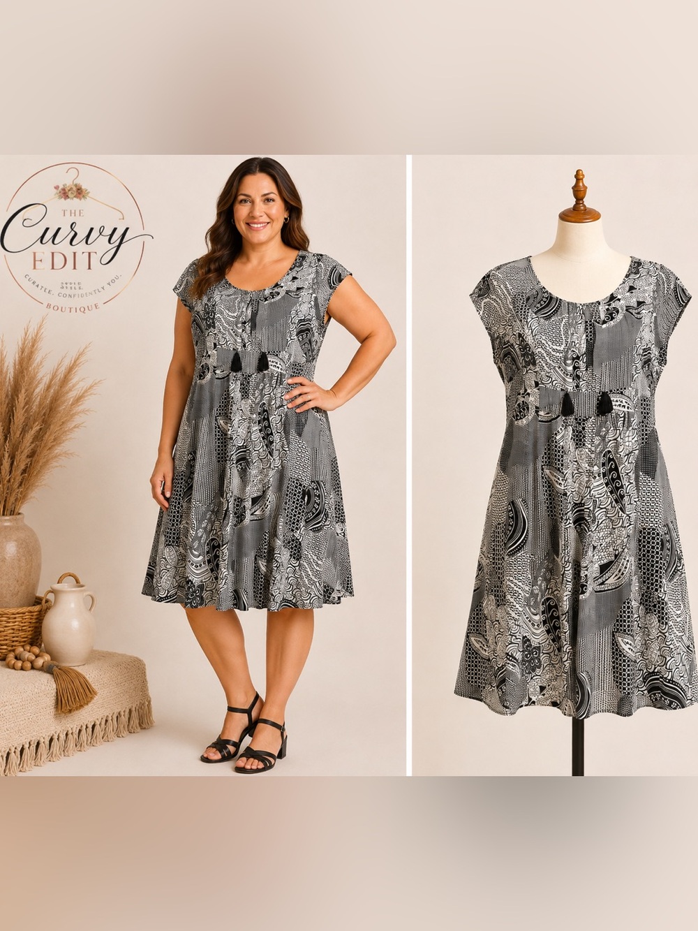 Voir Voir Women 20W Black White Abstract Print Fit & Flare Dress Plus Size Chic